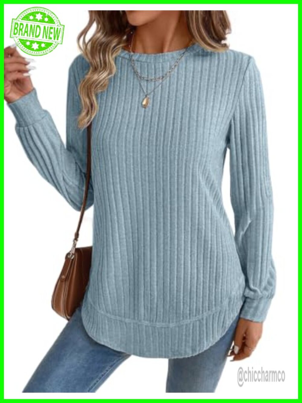 Long Sleeve Tunic Sweater Crew Neck Lightweight Ribbed Knit Pullover for